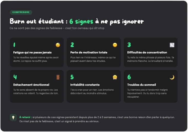 Infographie des 6 signes du burn out étudiant - fatigue, perte de motivation, concentration, isolement, irritabilité, sommeil